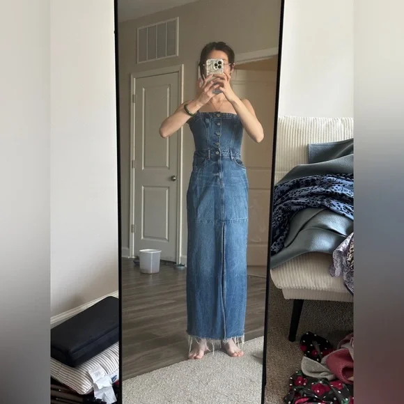 Reformation Blue Strapless Straight-Leg Denim Dress - Picture 1 of 5